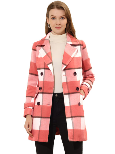 Buffalo Checks Double Breasted Notched Lapel Plaid Trench Pea Coat