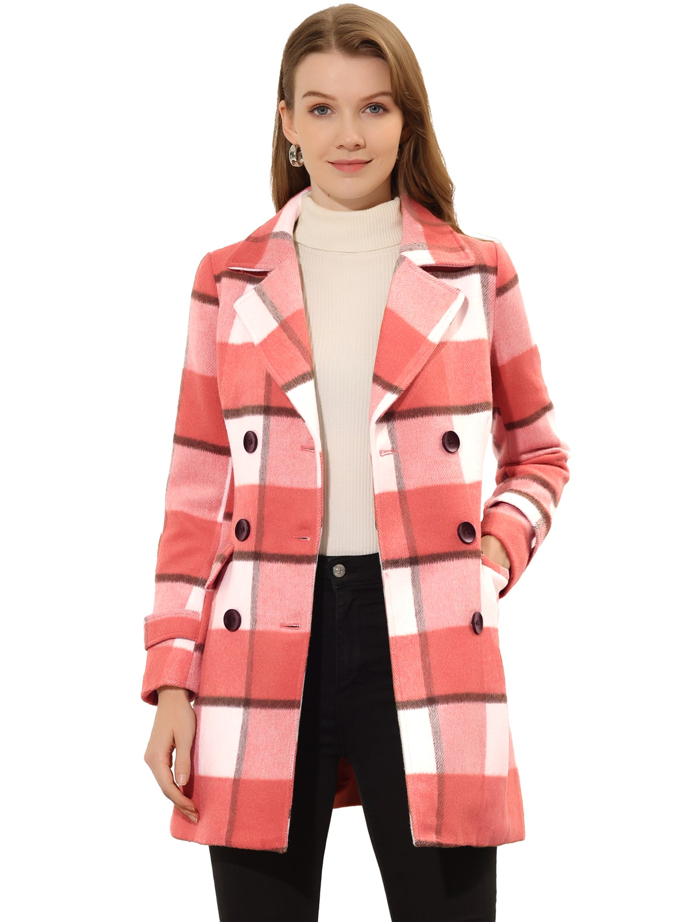 Allegra K Buffalo Checks Double Breasted Notched Lapel Plaid Trench Pea Coat