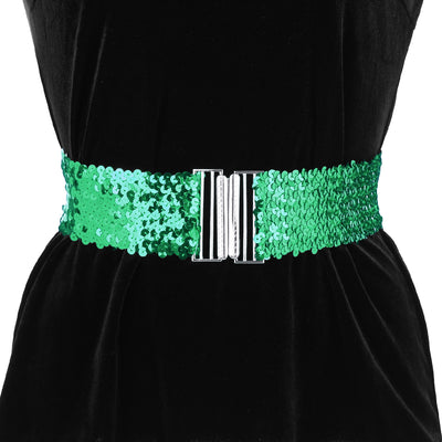 Womens Glitter Wide Waist Belts Interlock Buckles Sequins Decor Stretchy Belts 2PCS