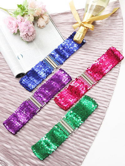 Womens Glitter Wide Waist Belts Interlock Buckles Sequins Decor Stretchy Belts 2PCS