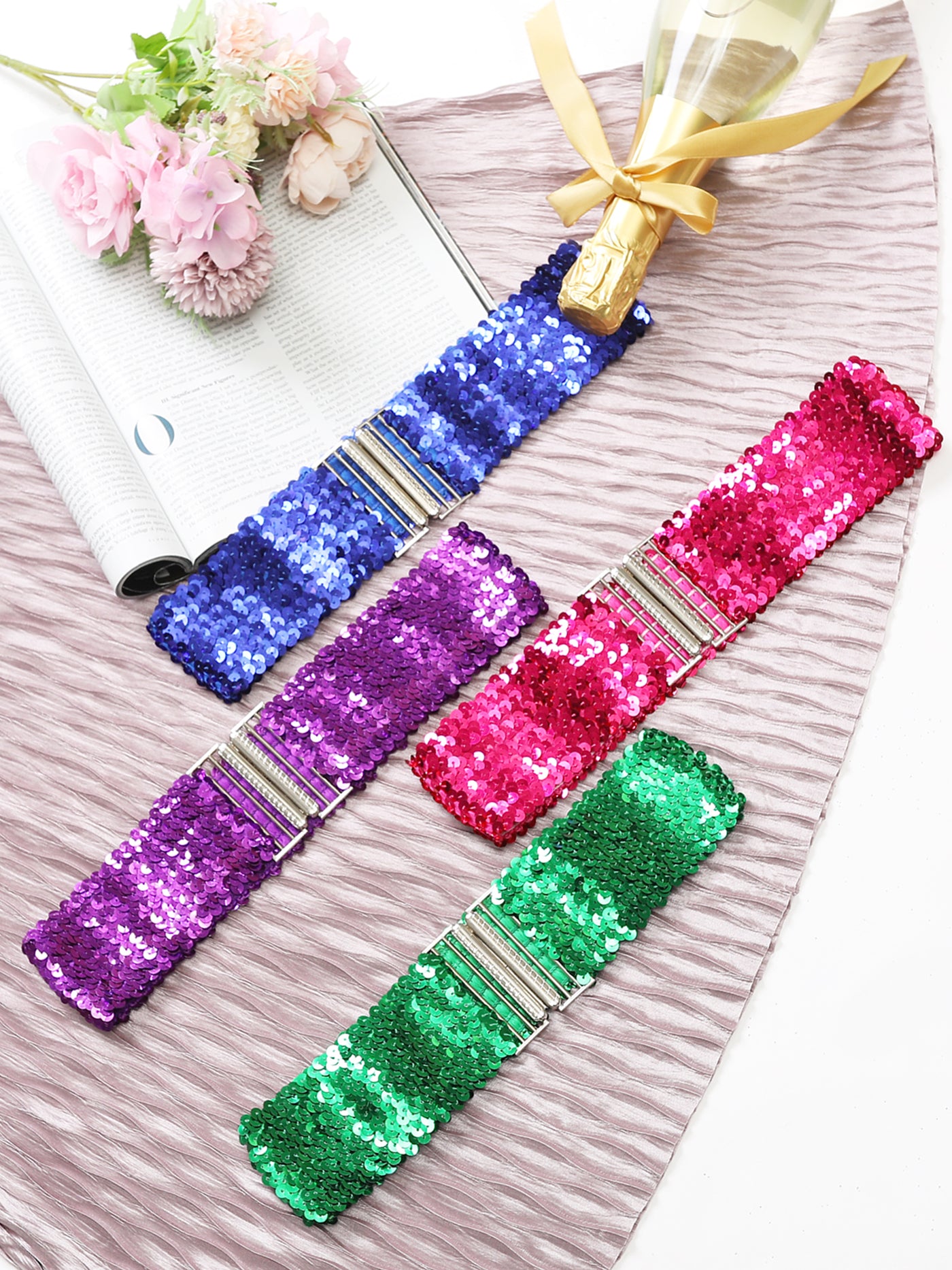 Allegra K Womens Glitter Wide Waist Belts Interlock Buckles Sequins Decor Stretchy Belts 2PCS