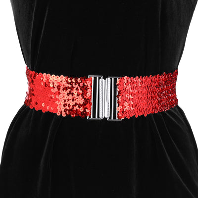 Womens Glitter Wide Waist Belts Interlock Buckles Sequins Decor Stretchy Belts 2PCS