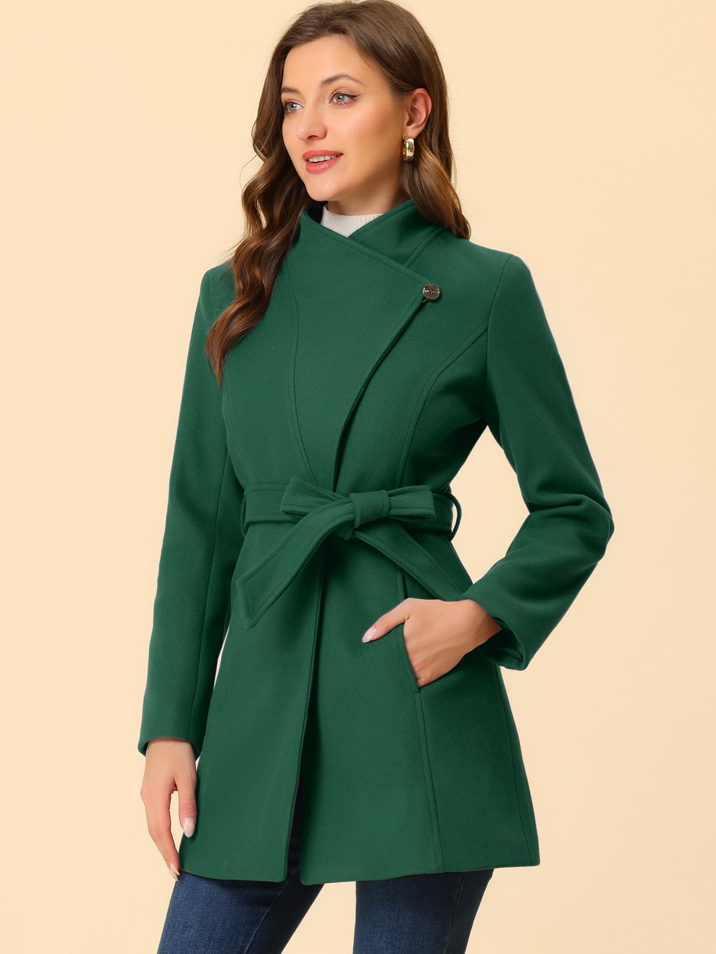 Allegra K Classic Stand Collar Long Sleeve Winter Belted Coat