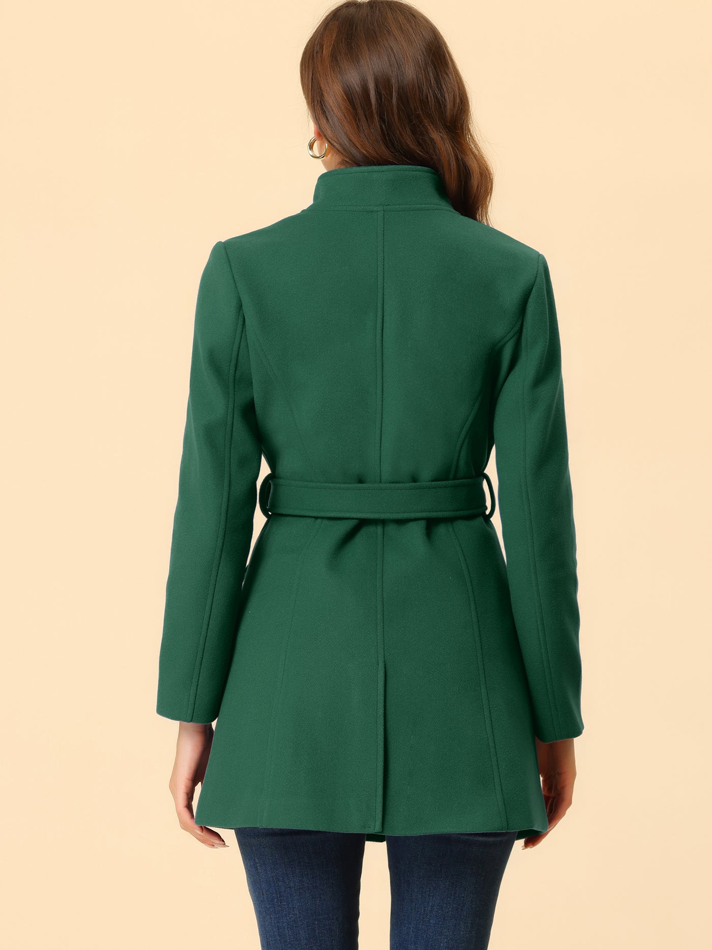 Allegra K Classic Stand Collar Long Sleeve Winter Belted Coat