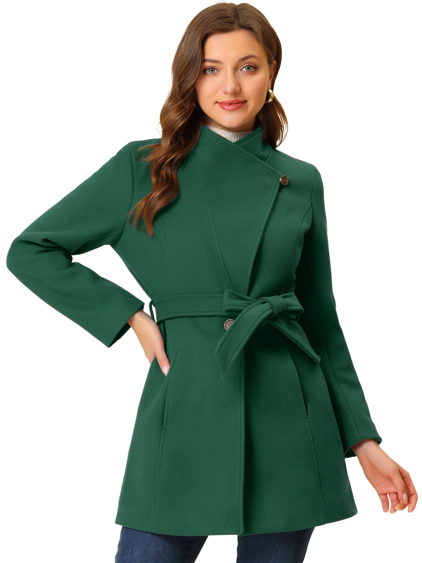 Allegra K Classic Stand Collar Long Sleeve Winter Belted Coat