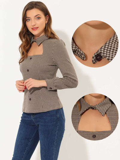 Choker Neck Houndstooth Print Long Sleeve Gothic Cutout Blouse