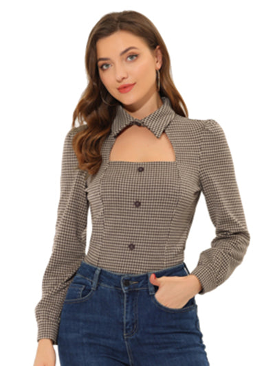 Choker Neck Houndstooth Print Long Sleeve Gothic Cutout Blouse