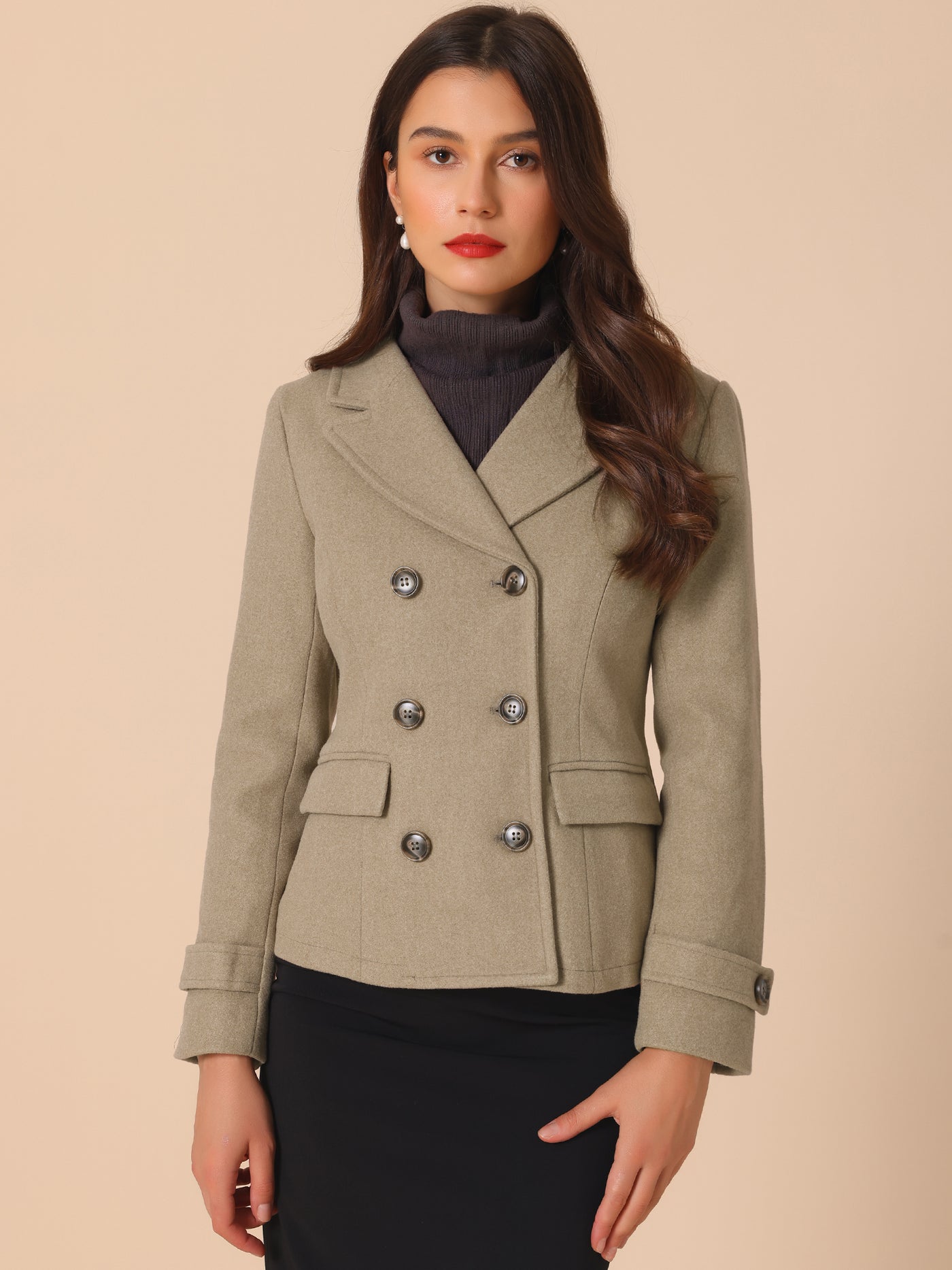 Allegra K Winter Notched Lapel Double Breasted Short Pea Coat