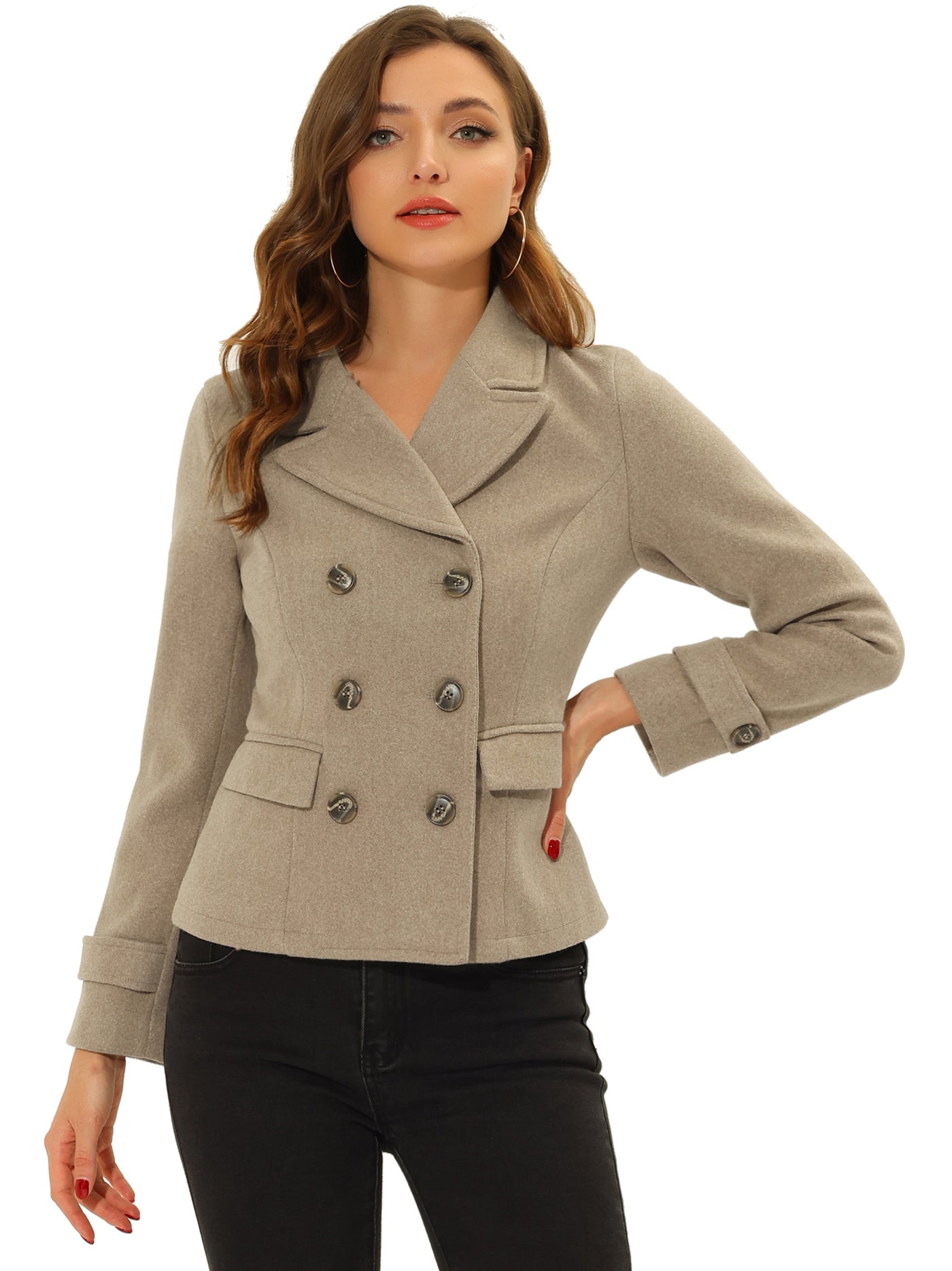 Allegra K Winter Notched Lapel Double Breasted Short Pea Coat