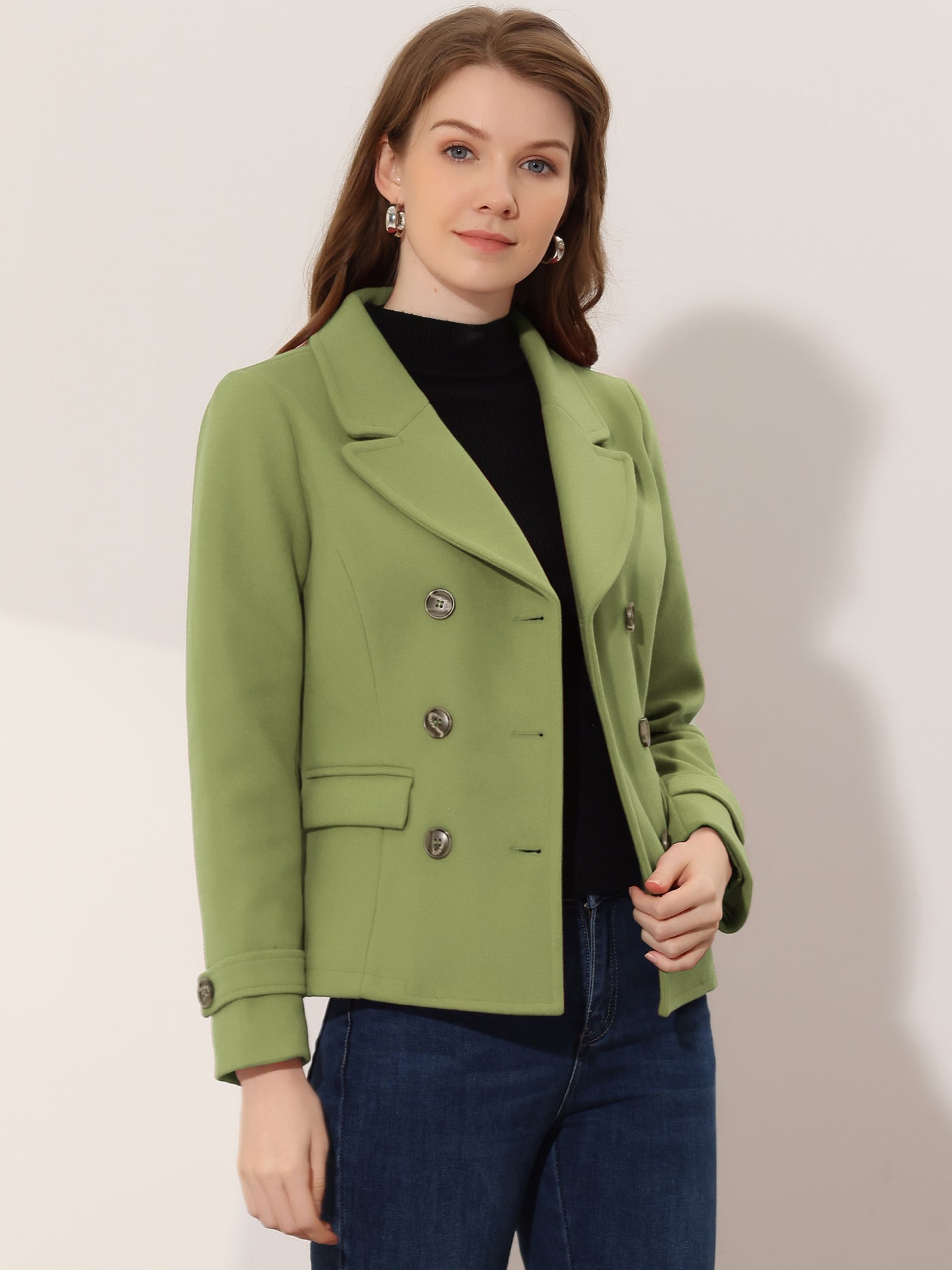 Allegra K Winter Notched Lapel Double Breasted Short Pea Coat