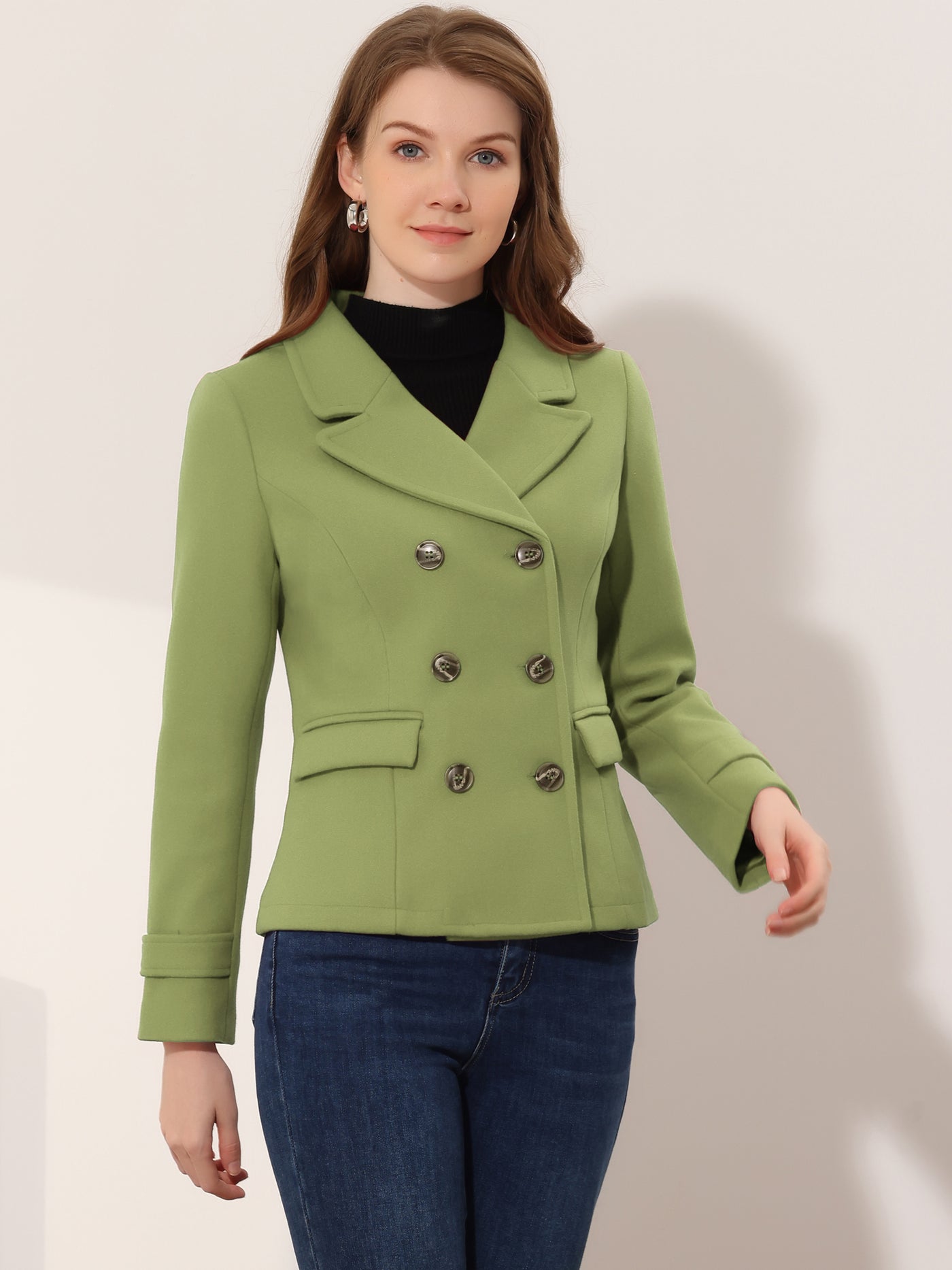 Allegra K Winter Notched Lapel Double Breasted Short Pea Coat