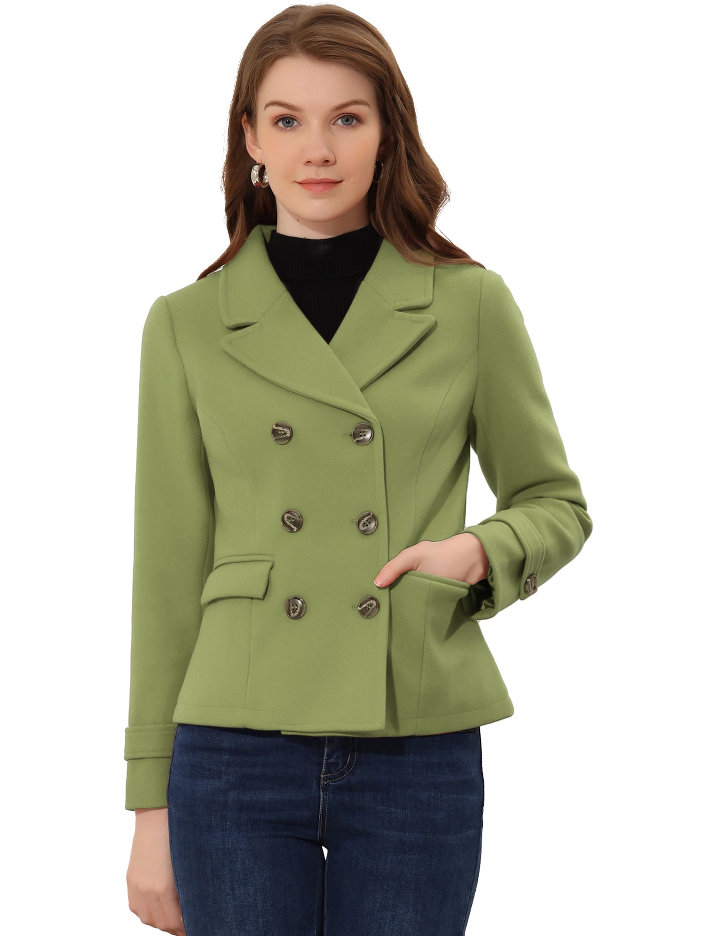 Allegra K Winter Notched Lapel Double Breasted Short Pea Coat