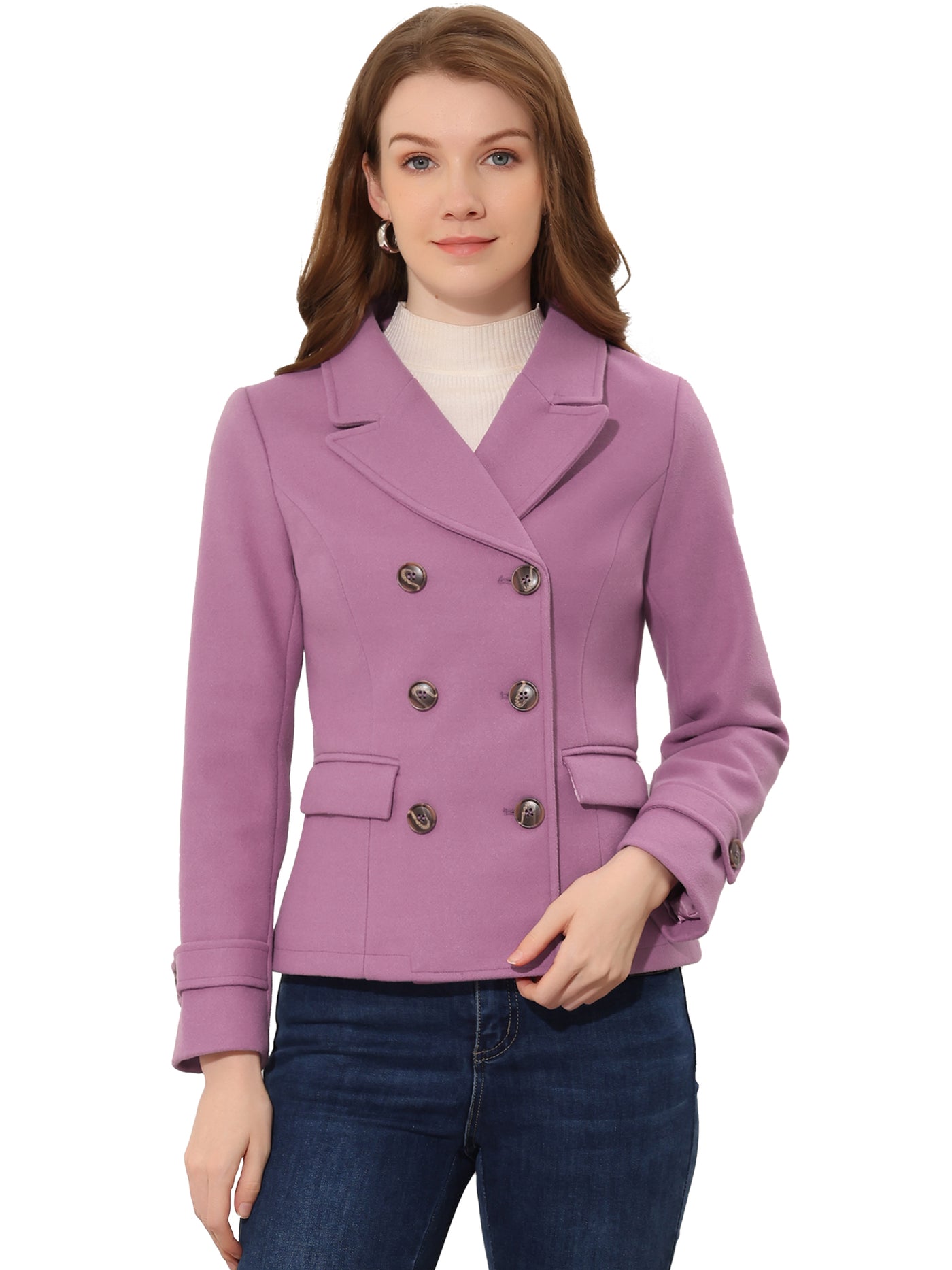 Allegra K Winter Notched Lapel Double Breasted Short Pea Coat