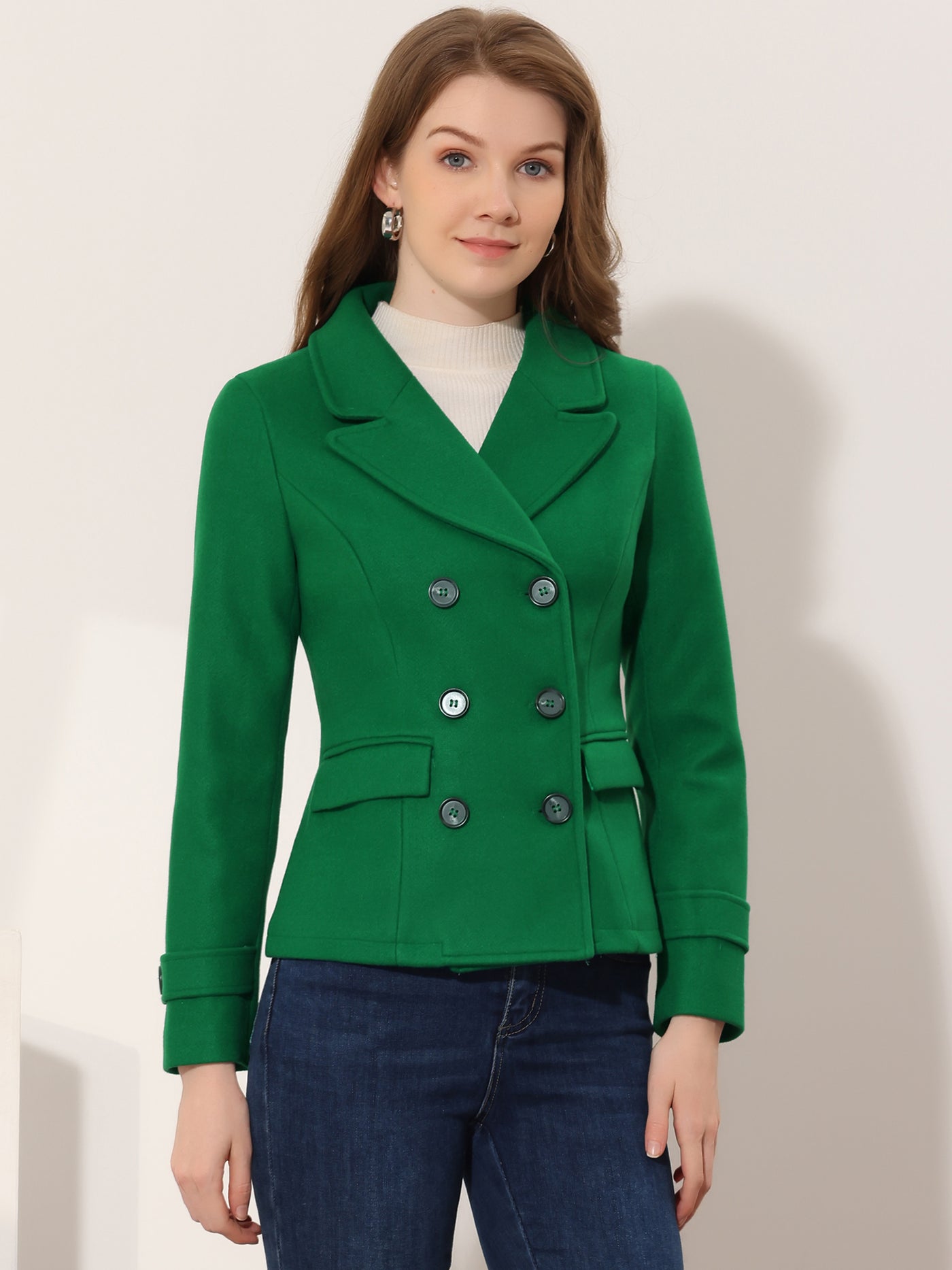 Allegra K Winter Notched Lapel Double Breasted Short Pea Coat