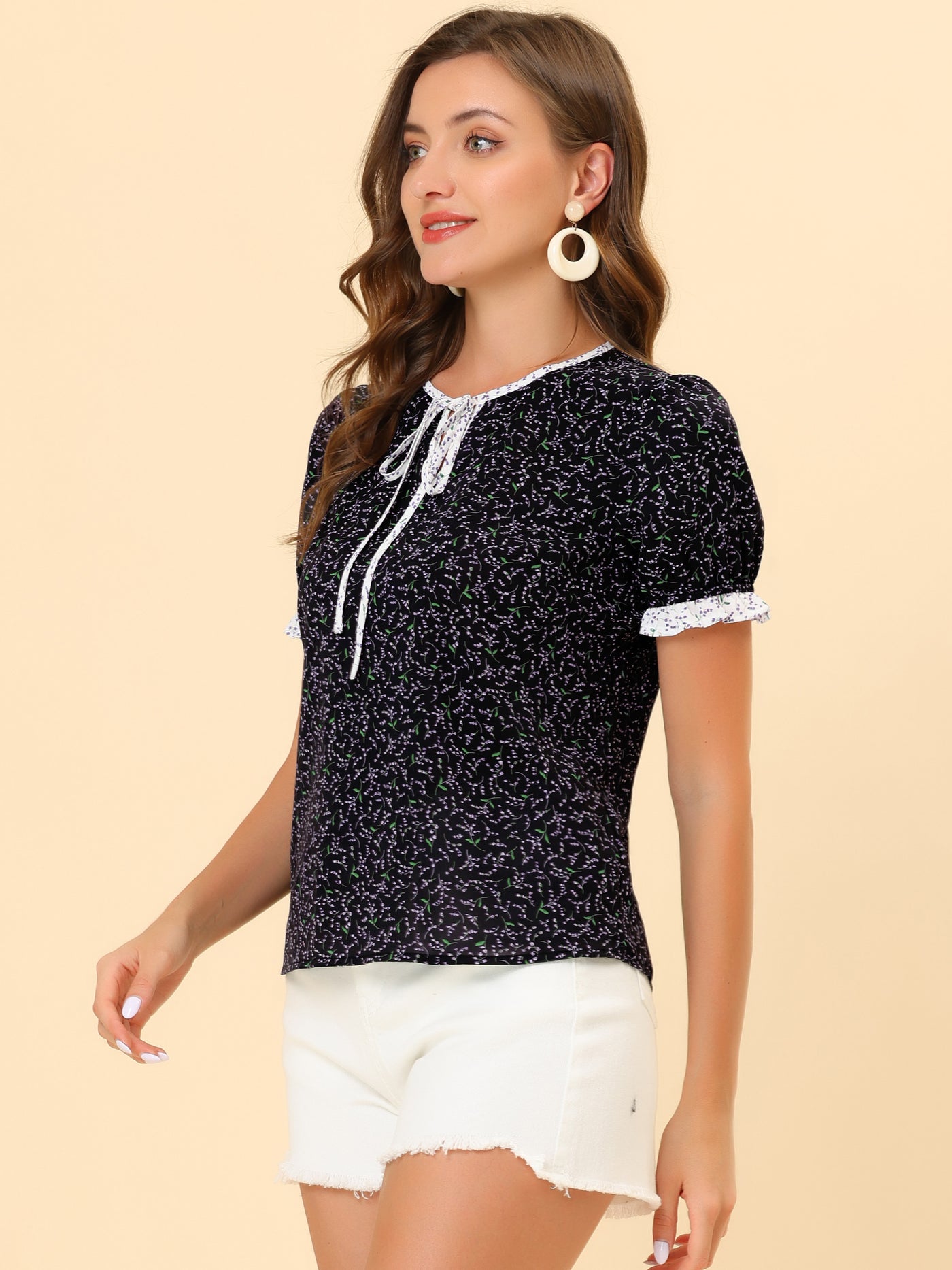 Allegra K Tie Neck Contrast Trim Short Sleeve Floral Blouse Tops