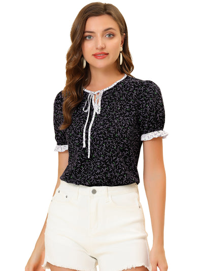 Tie Neck Contrast Trim Short Sleeve Floral Blouse Tops