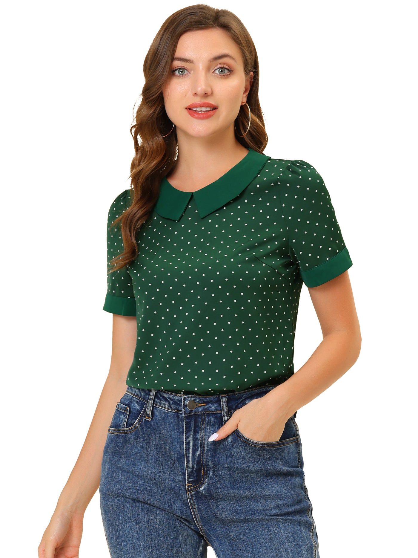 Allegra K Peter Pan Collar Vintage Polka Dots Short Sleeves Blouse