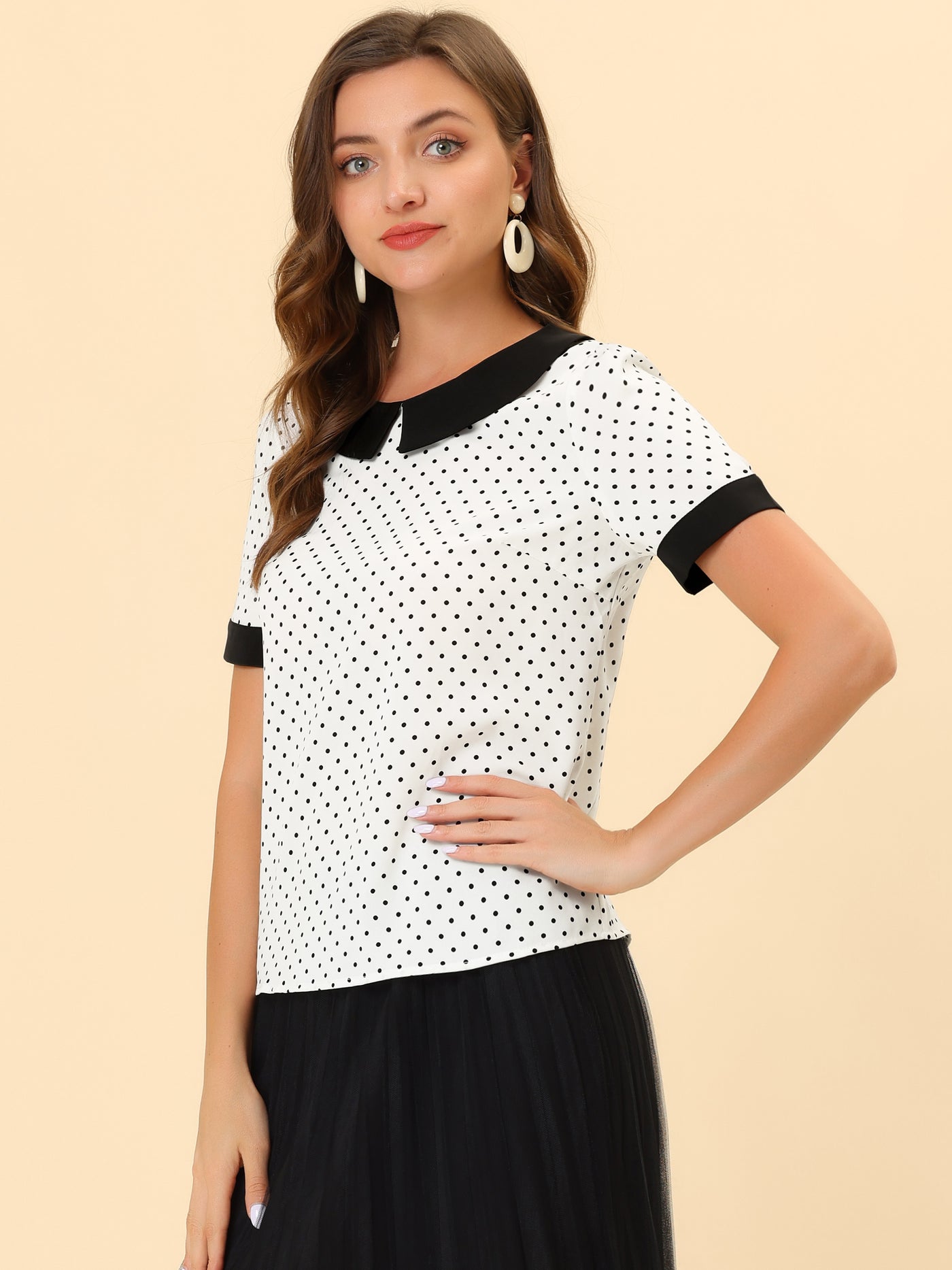 Allegra K Peter Pan Collar Vintage Polka Dots Short Sleeves Blouse