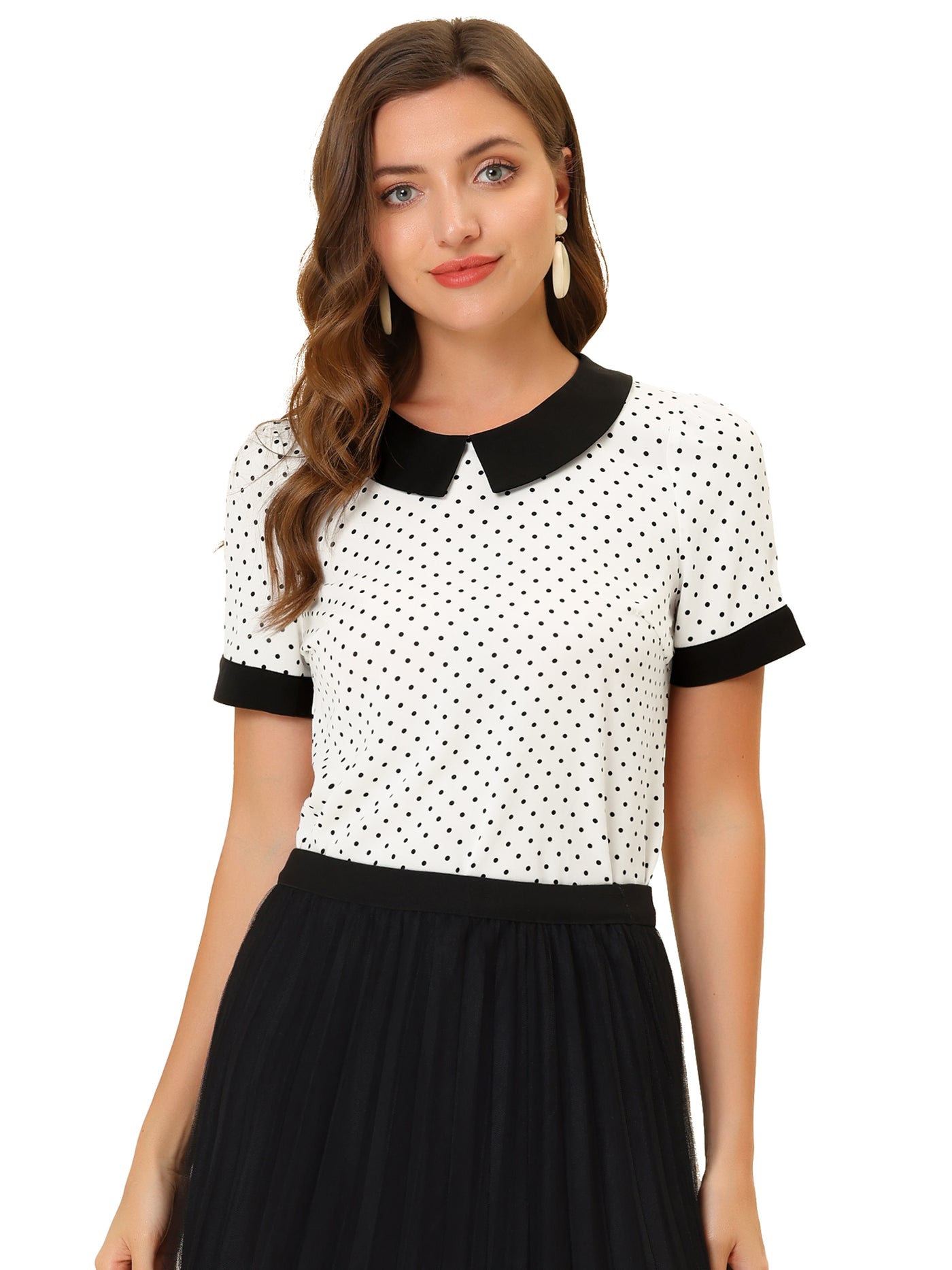 Allegra K Peter Pan Collar Vintage Polka Dots Short Sleeves Blouse