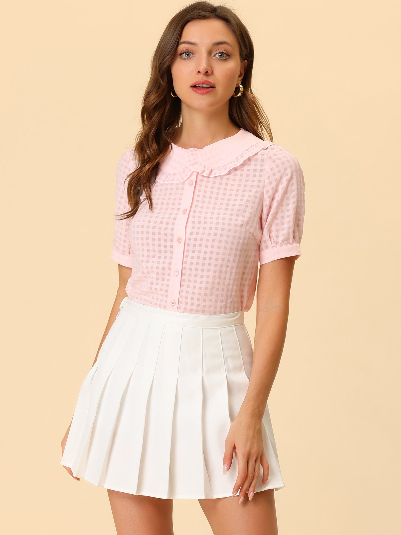 Allegra K Peter Pan Collar Contrast Color Trim Gingham Button Up Blouse Shirt