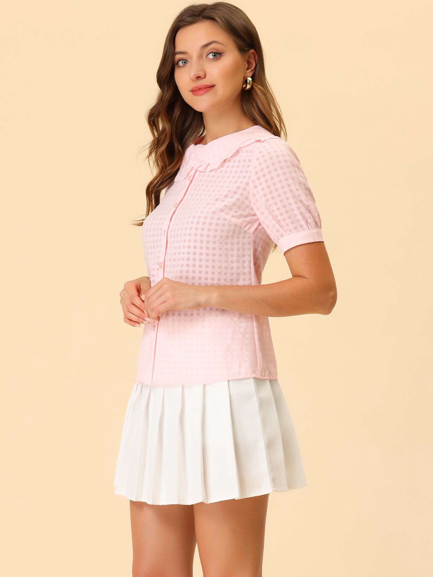 Allegra K Peter Pan Collar Contrast Color Trim Gingham Button Up Blouse Shirt