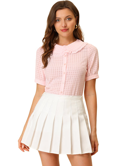 Peter Pan Collar Contrast Color Trim Gingham Button Up Blouse Shirt