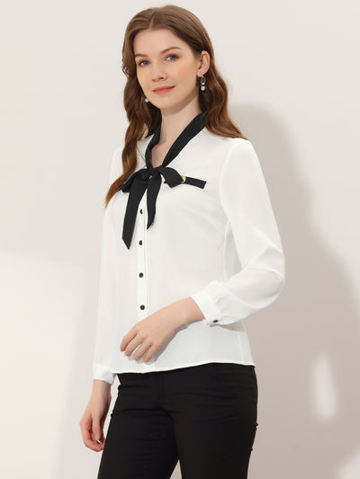 Allegra K Office Shirt Contrast Bow Tie Neck Button Up Long Sleeve Blouse