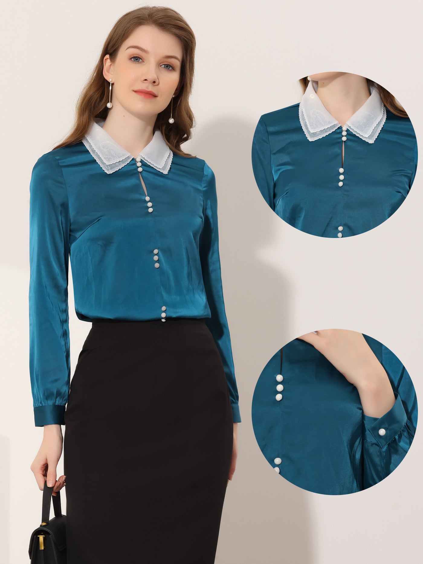 Allegra K Double Collar Shirt Elegant Long Sleeve Satin Buttons Blouse Top