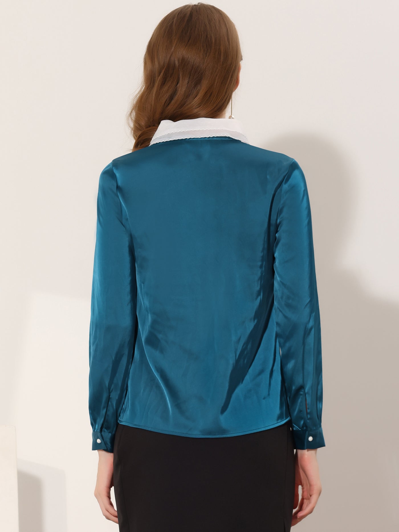 Allegra K Double Collar Shirt Elegant Long Sleeve Satin Buttons Blouse Top