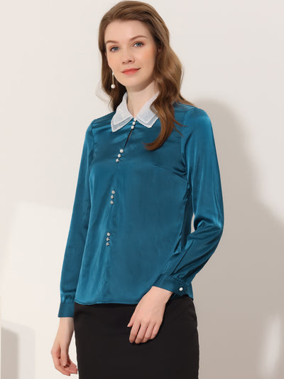 Double Collar Shirt Elegant Long Sleeve Satin Buttons Blouse Top