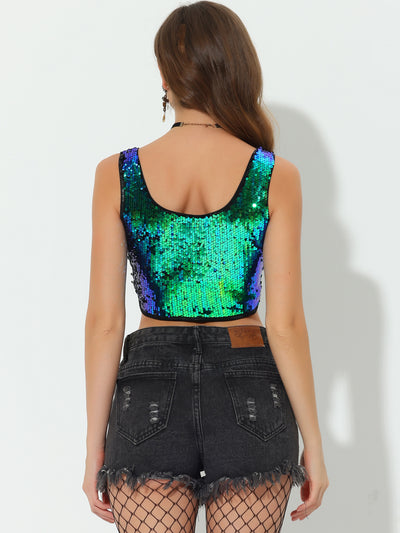 Metallic Sequin Sparkle Glitter Sleeveless Party Tank Crop Top