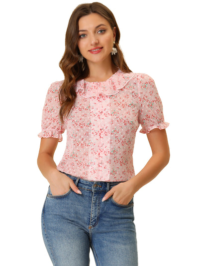 Ruffle Collar See Through Chiffon Floral Puff Sleeve Casual Blouse