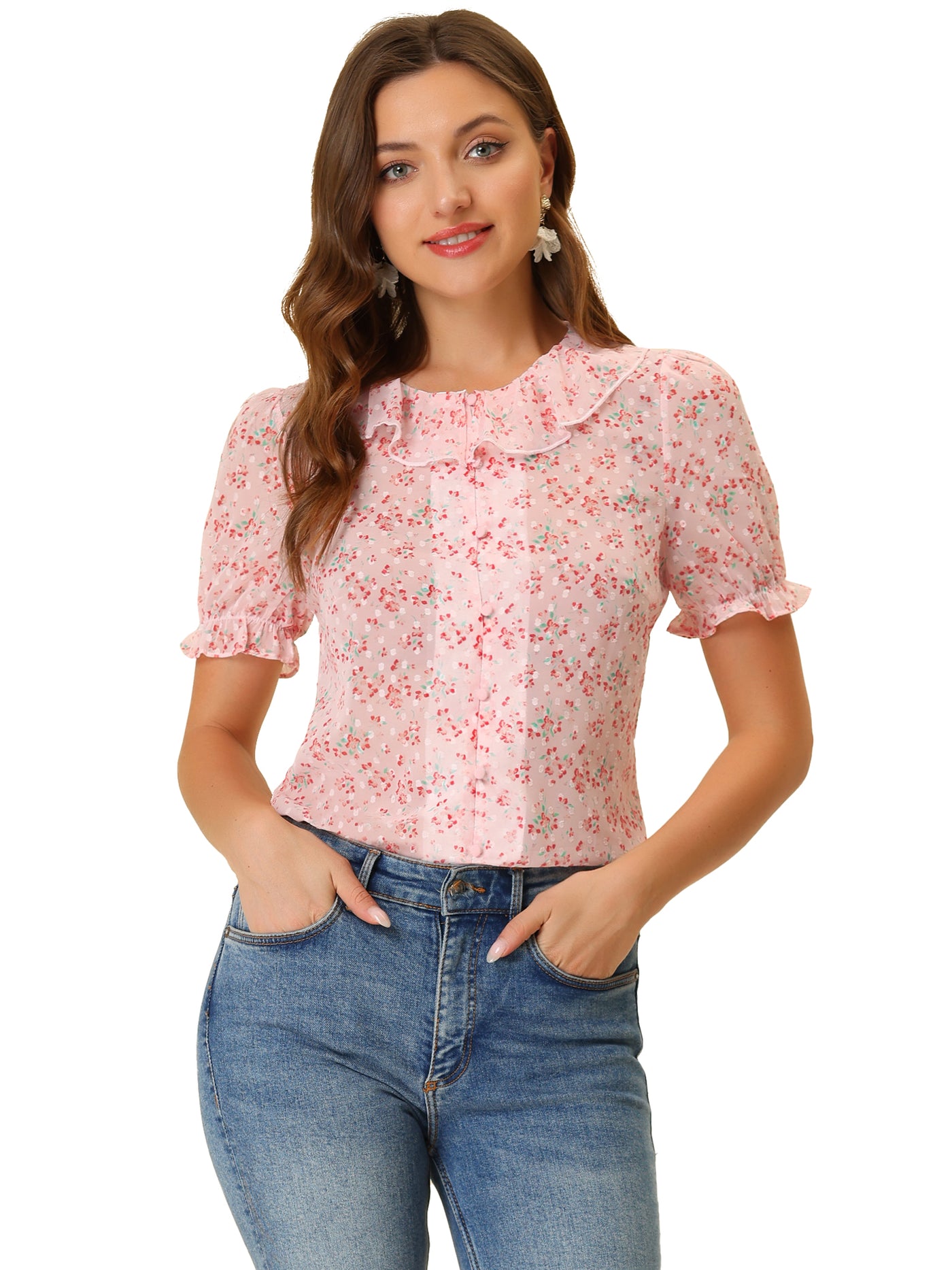 Allegra K Ruffle Collar See Through Chiffon Floral Puff Sleeve Casual Blouse