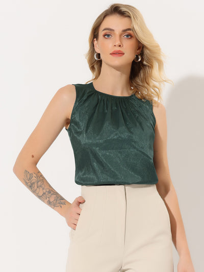 Satin Sleeveless Work Office Pleated Tank Top Blouse