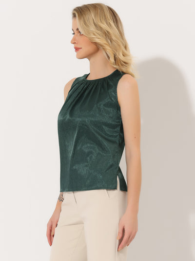 Satin Sleeveless Work Office Pleated Tank Top Blouse