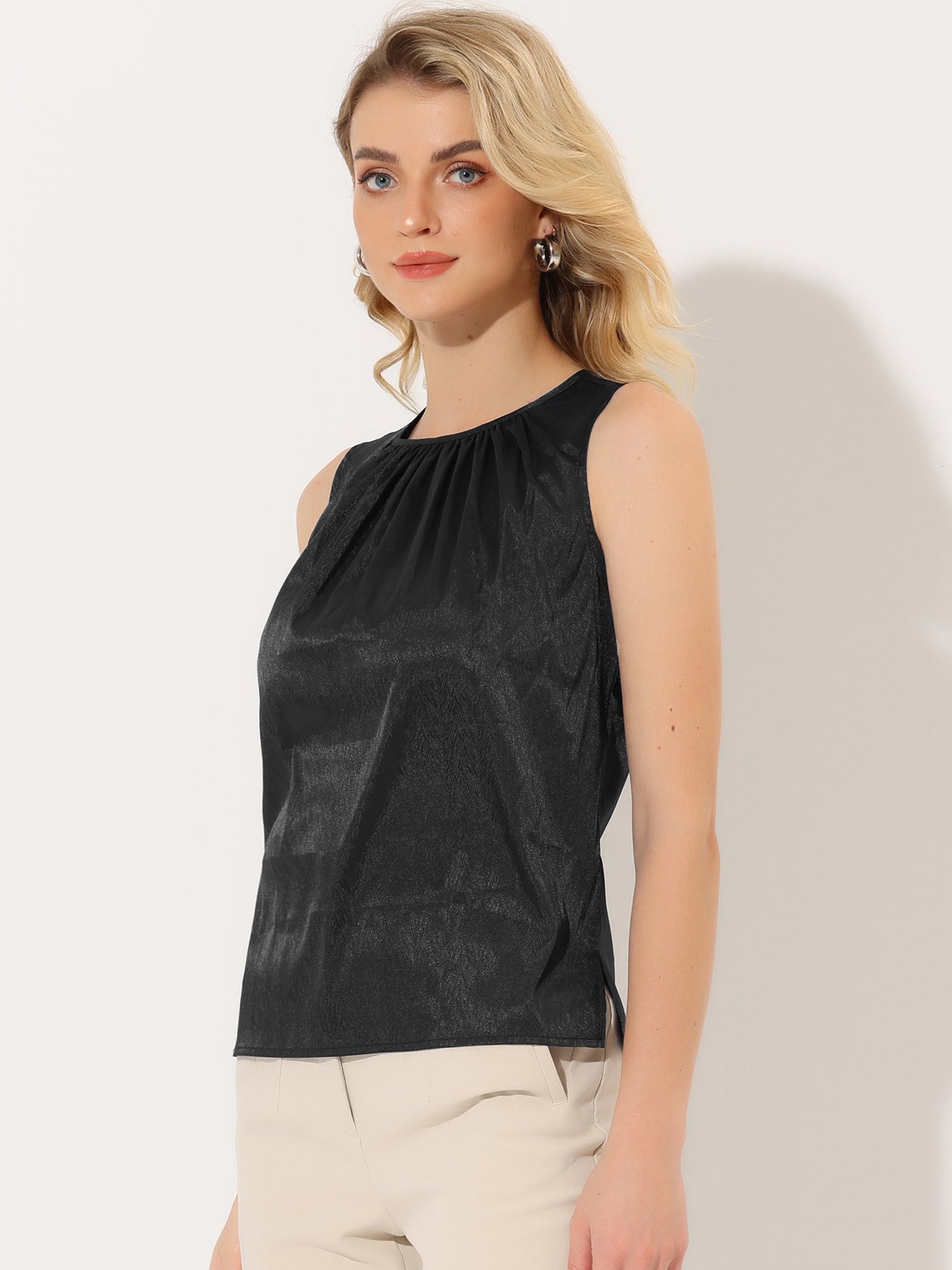 Allegra K Satin Sleeveless Work Office Pleated Tank Top Blouse