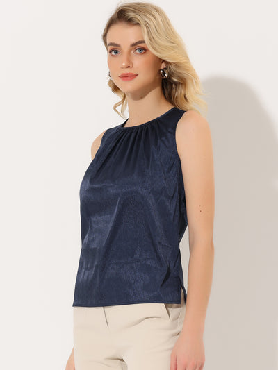 Satin Sleeveless Work Office Pleated Tank Top Blouse