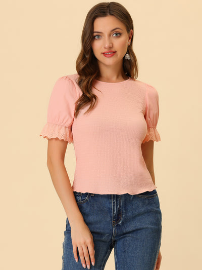 Smocked Tops Round Neck Summer Ruffle Puff Sleeve Blouse