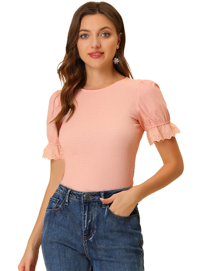 Smocked Tops Round Neck Summer Ruffle Puff Sleeve Blouse