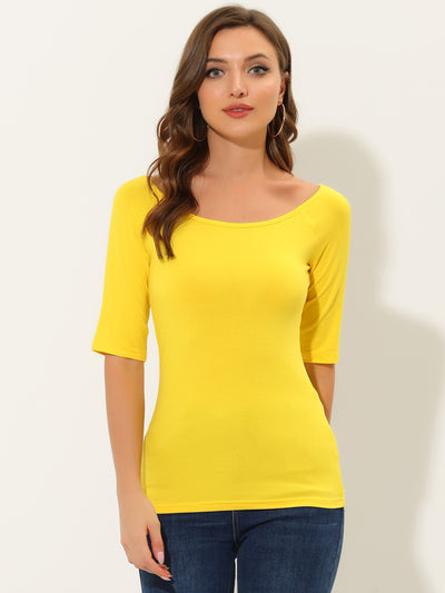 Scoop Neck Half Sleeves Fitted Layering Soft T-Shirt