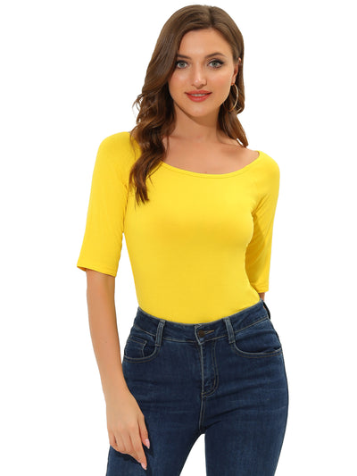 Scoop Neck Half Sleeves Fitted Layering Soft T-Shirt