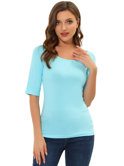 Scoop Neck Half Sleeves Fitted Layering Soft T-Shirt