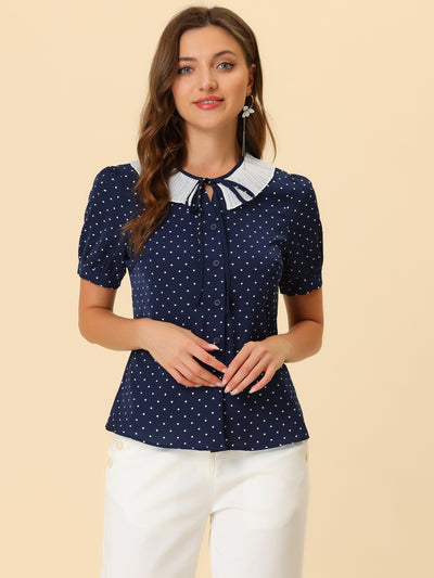 Polka Dots Button Up Tie Neck Peter Pan Collar Blouse