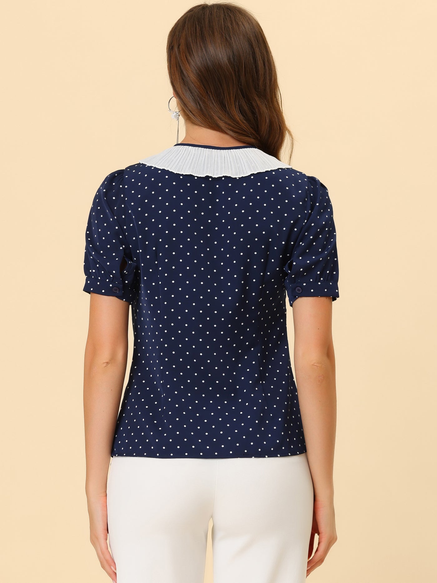 Allegra K Polka Dots Button Up Tie Neck Peter Pan Collar Blouse