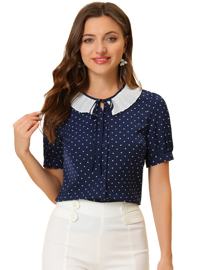 Polka Dots Button Up Tie Neck Peter Pan Collar Blouse