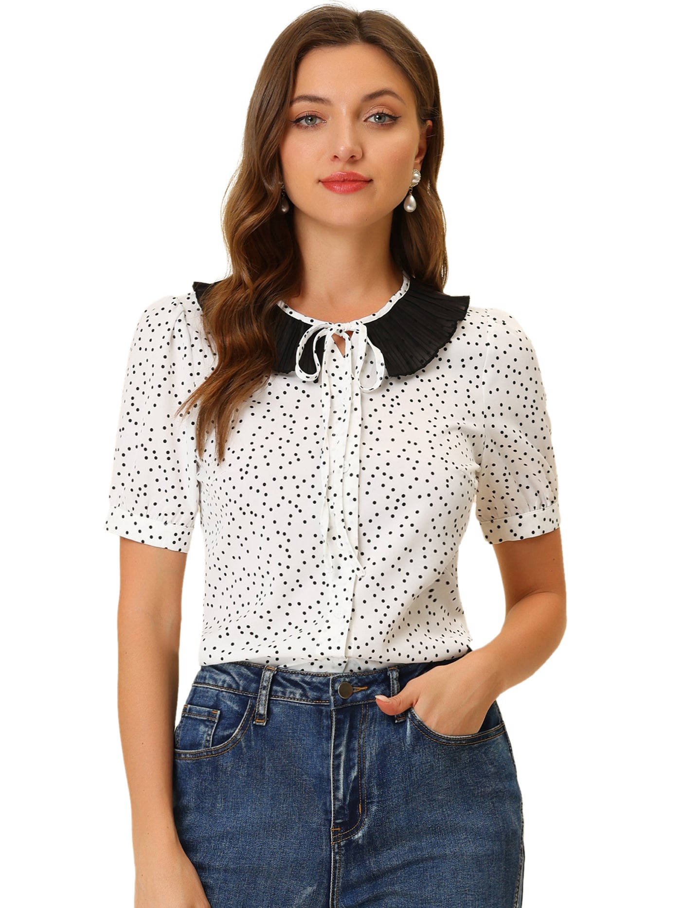 Allegra K Polka Dots Button Up Tie Neck Peter Pan Collar Blouse