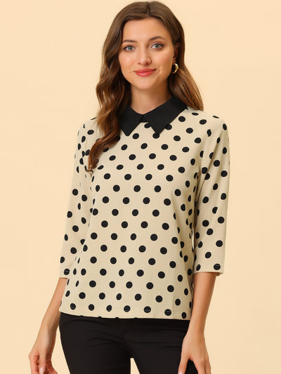 Polka Dots Contrast Peter Pan Collar Top 3/4 Sleeve Blouse Shirt