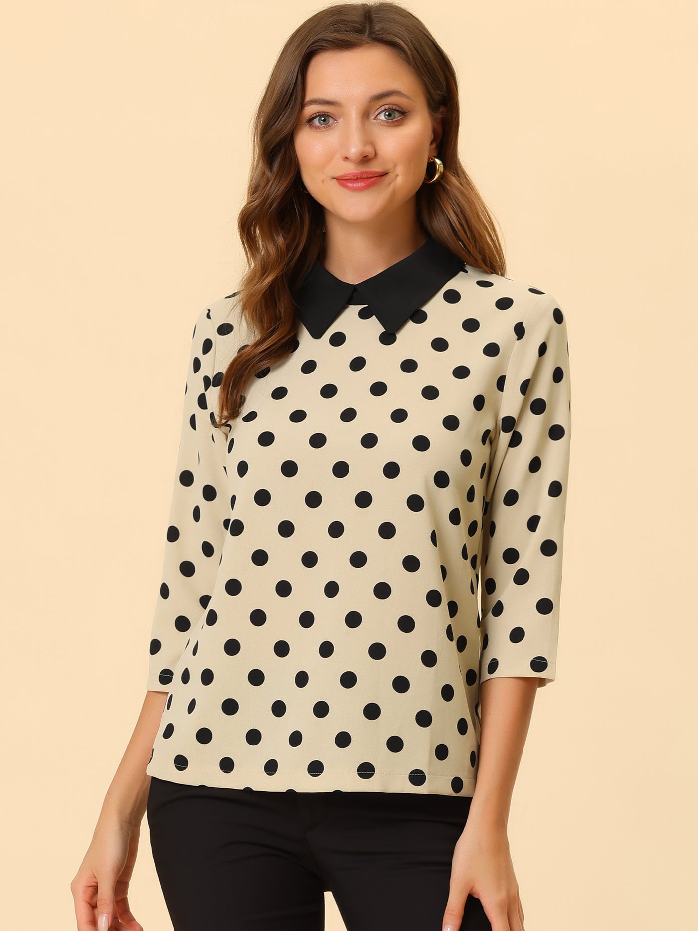 Allegra K Polka Dots Contrast Peter Pan Collar Top 3/4 Sleeve Blouse Shirt