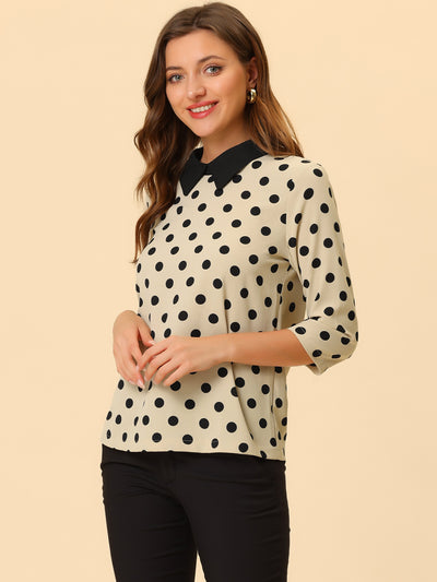 Polka Dots Contrast Peter Pan Collar Top 3/4 Sleeve Blouse Shirt