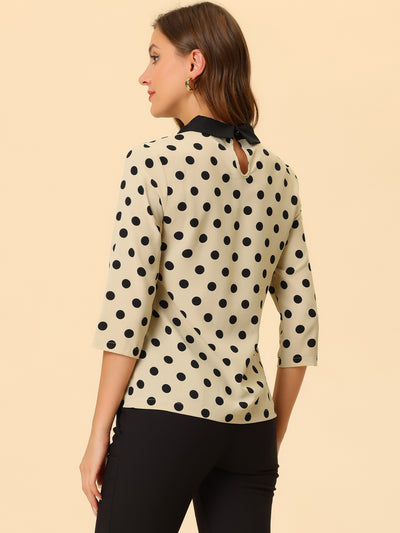 Polka Dots Contrast Peter Pan Collar Top 3/4 Sleeve Blouse Shirt